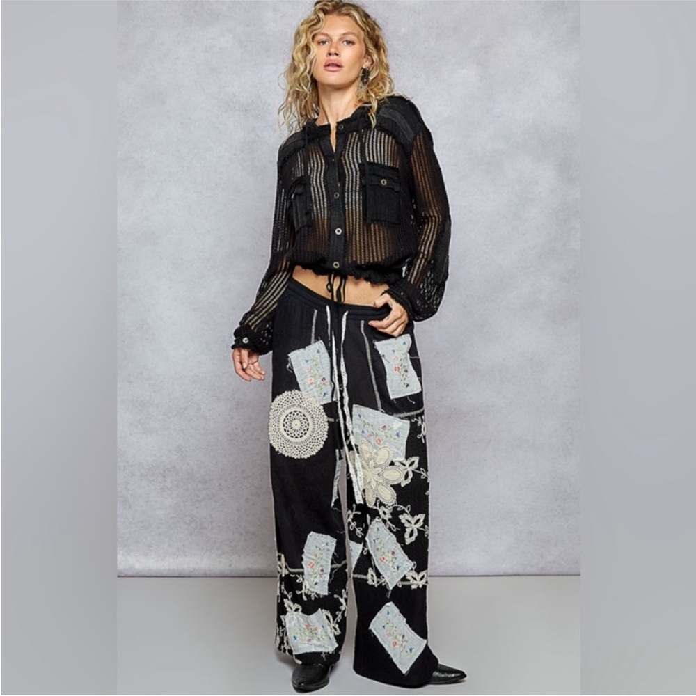 POL Black Patchwork Wide Leg Pants Crochet Lace Boho Statement Size M